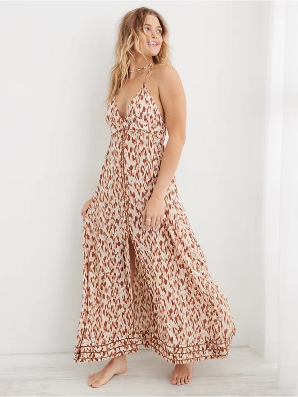 317. Aerie Sleeveless V-Neck Brown & Cream Printed Maxi Dress